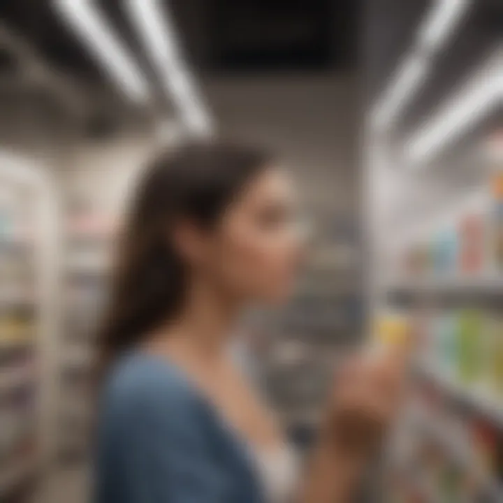 A person examining a shampoo bottle at a store