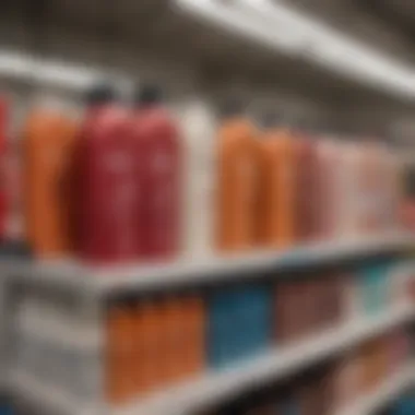 A variety of hair fall shampoo bottles on a store shelf