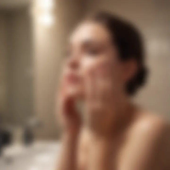 A person applying cleanser on their face in a serene bathroom setting.