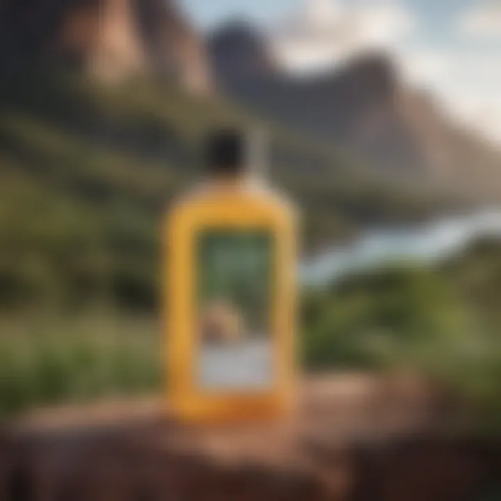 Eco-friendly Aussie shampoo packaging against a scenic backdrop