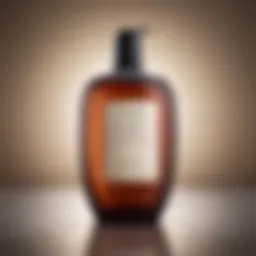 Close-up of a luxurious shampoo bottle with fine hair texture in the background