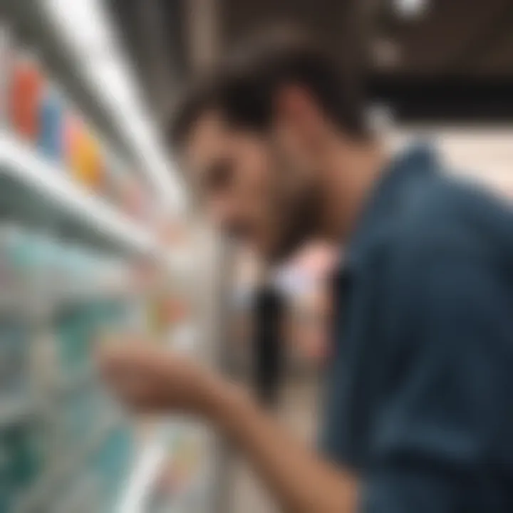 Customer examining shampoo bottles in a department store