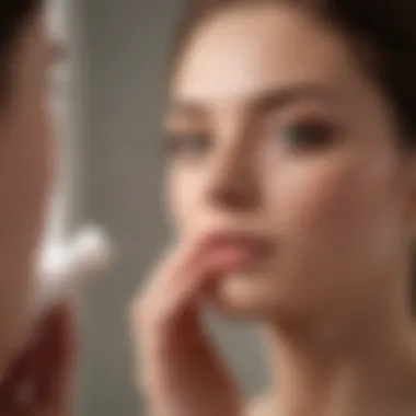 A calming bathroom scene with a person applying eye cream with gentle technique.