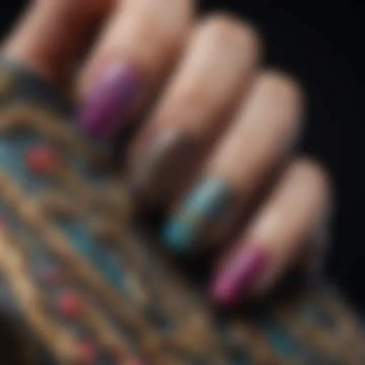 Close-up of a beautifully designed nail art showcasing vibrant colors and intricate patterns
