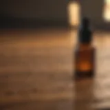 Close-up of essential oil droplets on a wooden surface