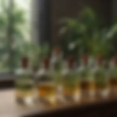 Natural oils displayed in glass bottles with plants