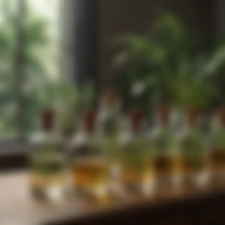 Natural oils displayed in glass bottles with plants