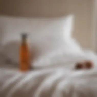 Close-up of a silk pillowcase against a backdrop of hair care products