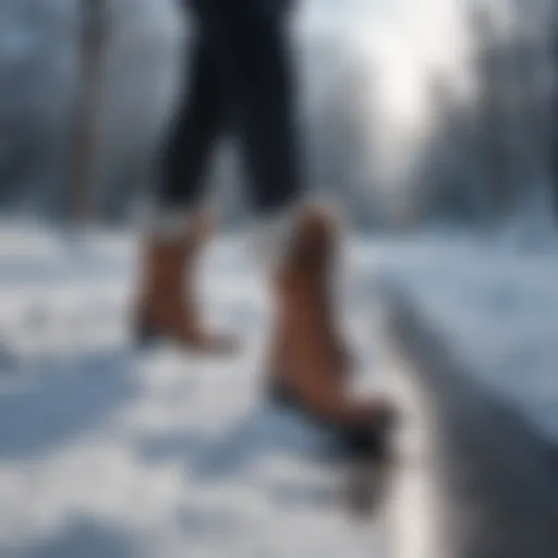 Stylish winter boots on a snowy pathway