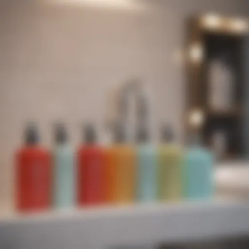 A variety of face cleansers arranged aesthetically on a bathroom shelf.