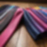A variety of colorful workout leggings displayed on a wooden floor