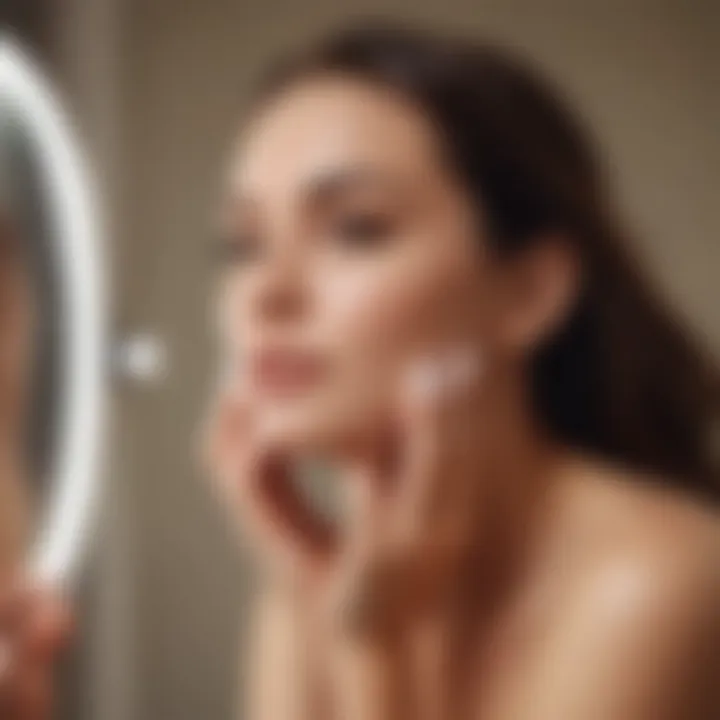 A serene setting featuring a woman applying a topical hair removal cream in front of a mirror.