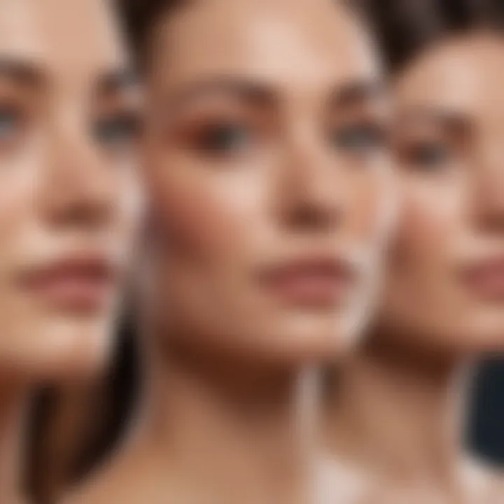 A close-up of diverse skin types with various skincare products tailored for each type.