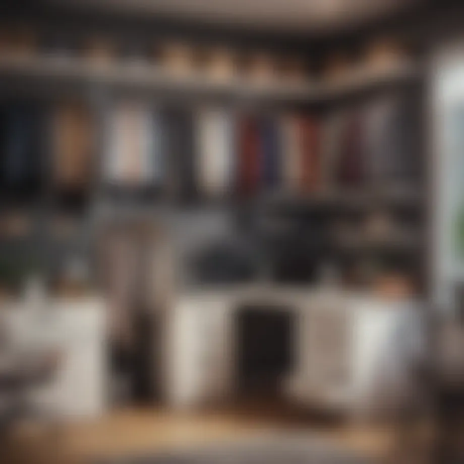 A well-organized wardrobe featuring a mix of blouses, blazers, and skirts tailored for an office environment