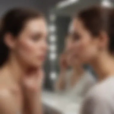 A person assessing their skin condition in front of a mirror