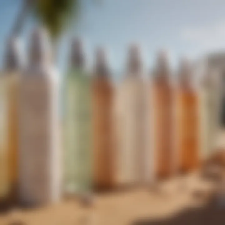 Variety of mineral sunscreen sprays in a sunlit environment