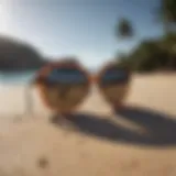 Stylish UV sunglasses on a beach setting