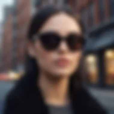 Fashionable individual showcasing big black glasses in an urban setting