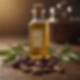 A bottle of castor oil with fresh castor beans beside it