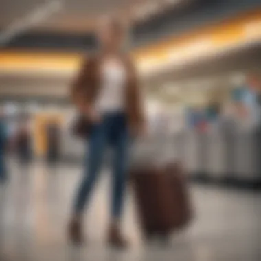 A traveler happily using a durable check-in luggage bag at an airport