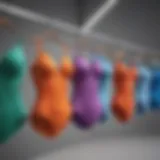 Colorful swimwear collection displayed on hangers