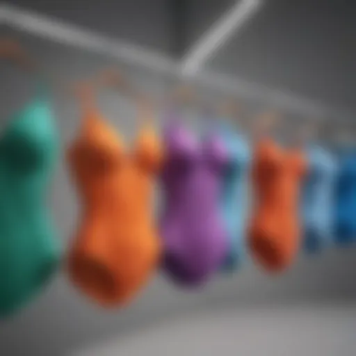 Colorful swimwear collection displayed on hangers