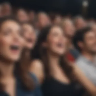 An audience reacting with laughter during a film screening