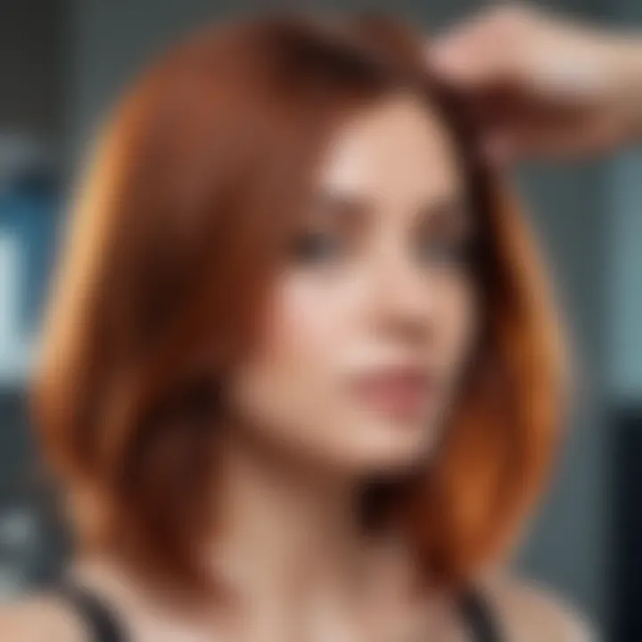 Close-up of a woman experimenting with hair color in a salon setting