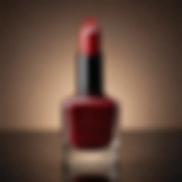 Close-up of a nail polish bottle showcasing a shimmering deep red shade.
