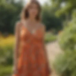 A stylish summer dress on a model in a vibrant outdoor setting