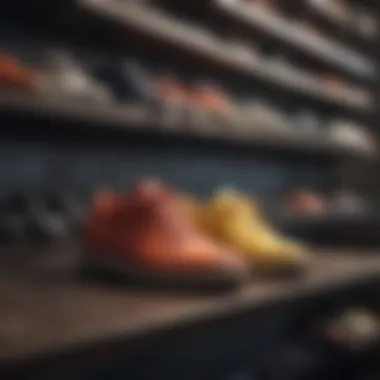 A modern collection of stylish rubber shoes displayed on a minimalist shelf