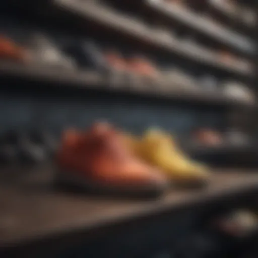 A modern collection of stylish rubber shoes displayed on a minimalist shelf