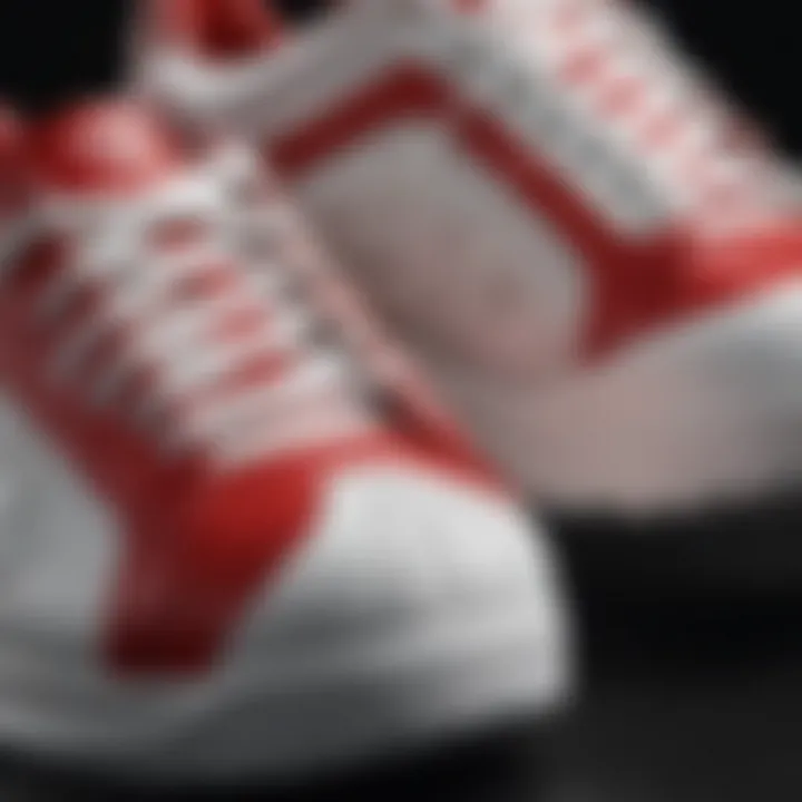 Close-up of the unique design details of red and white gym shoes