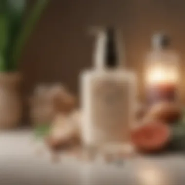 Close-up of a luxurious lotion bottle surrounded by natural ingredients