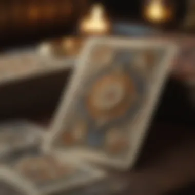 Close-up of tarot cards with rich symbolism