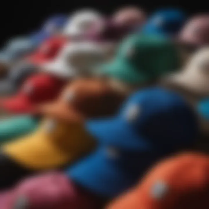 Collection of wide brim baseball caps in various colors