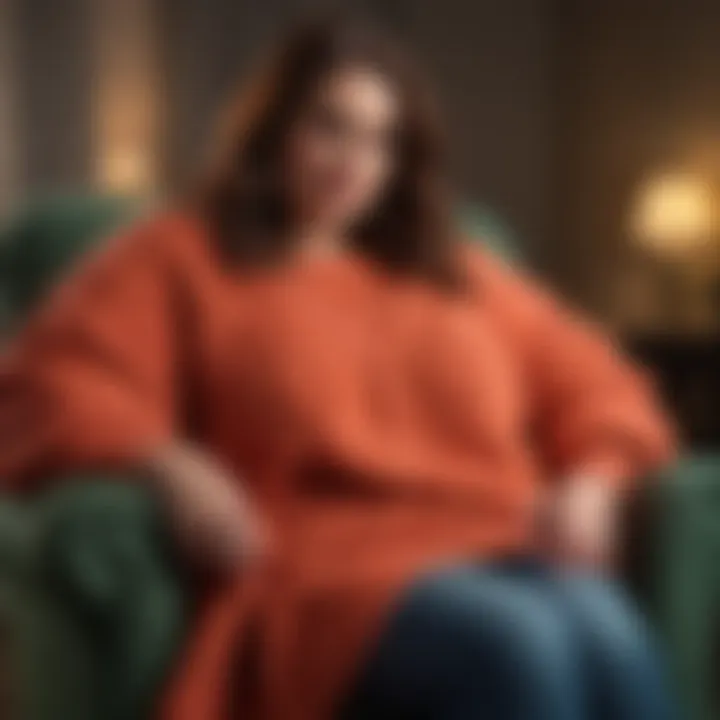 A cozy plus size oversized sweater draped elegantly over a chair, showcasing its fabric texture and vibrant color.