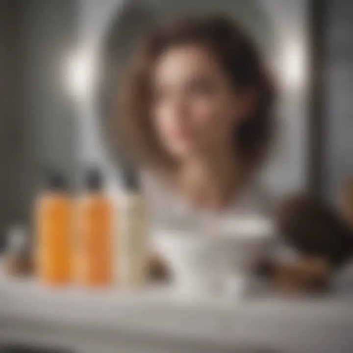 A serene bathroom setting with hair care products arranged for a beauty routine