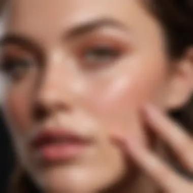 A close-up view of a hand applying sheer blush to the cheekbone, highlighting the application technique.