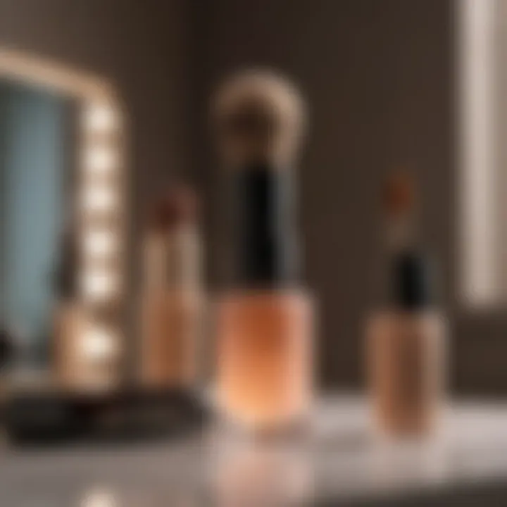 Demi brush placed elegantly next to various makeup products on a vanity.