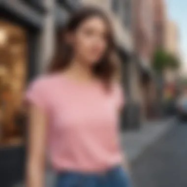 A model showcasing the Madewell pink top in a fashionable urban environment