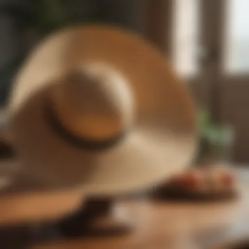 Elegant wide sunhat displayed on a vintage table