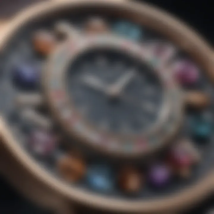 Close-up of a watch dial adorned with gemstones