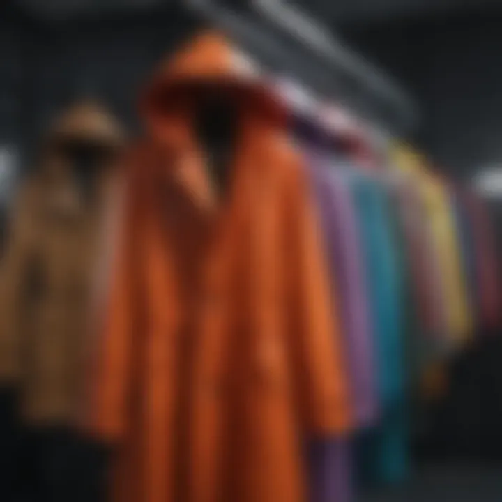 Various fashionable raincoat styles displayed on hangers