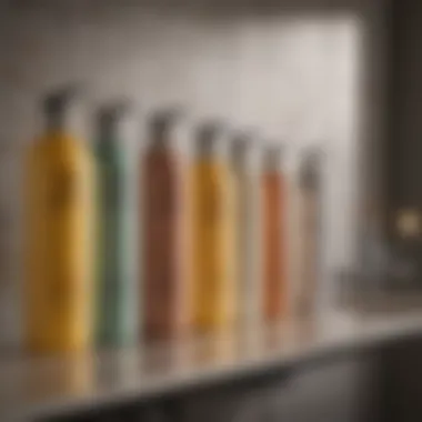 A variety of shampoos lined up on a bathroom shelf.