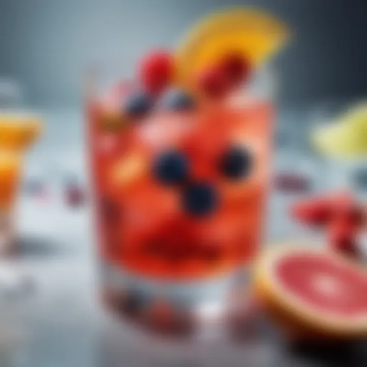 Vibrant vodka-based drink with colorful fruit slices and ice