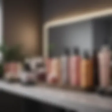 Variety of hair products displayed on a stylish vanity