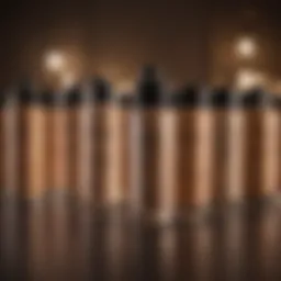 A diverse range of foundation bottles showcasing various shades.