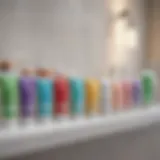 A vibrant selection of teeth whitening toothpastes displayed on a bathroom shelf.