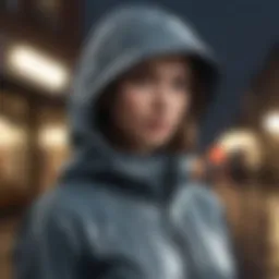 A sleek and modern lightweight rain jacket with a hood displayed outdoors.